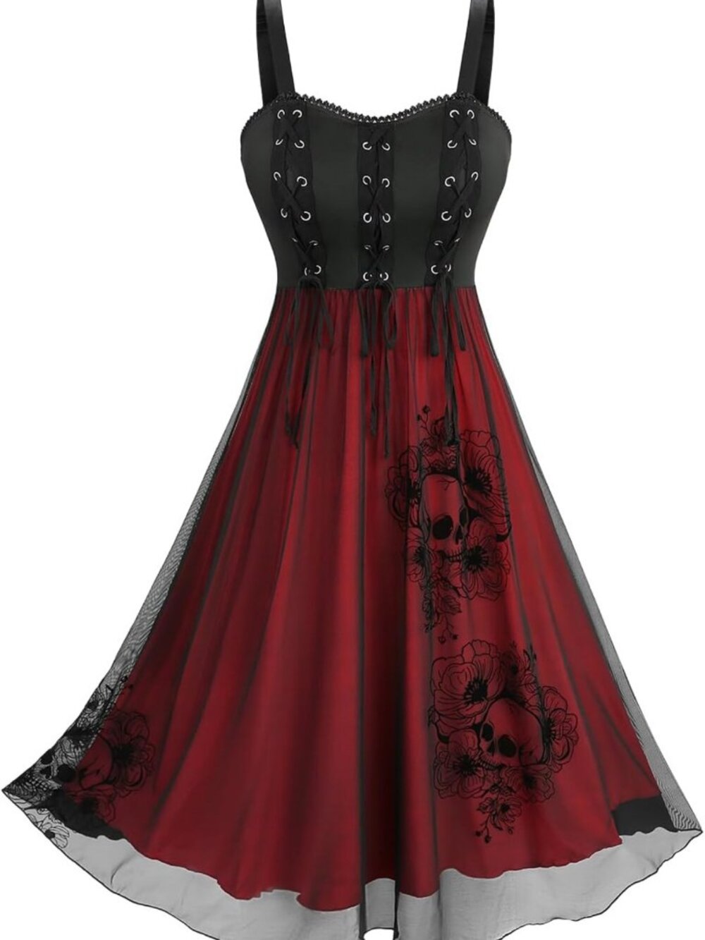 Gothic Skull Rose Tank Dress - Flocking Lace-Up A-Line with Grommets & Lace Trim